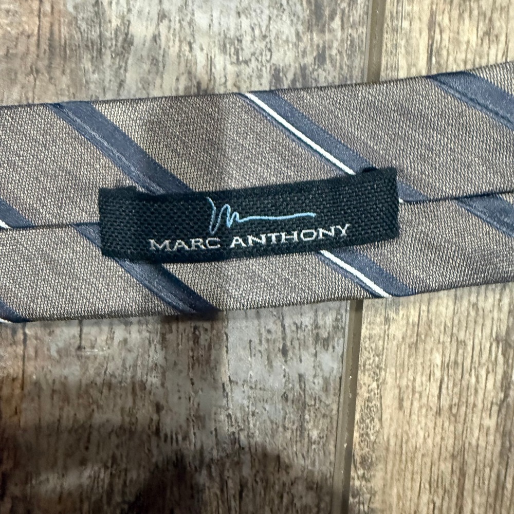 Marc Anthony Mens Brown Grey Striped 100% Silk Necktie Classic Business Tie - Picture 3 of 5